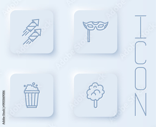 Set line Firework rocket, Festive mask, Popcorn in cardboard box and Cotton candy. White square button. Vector
