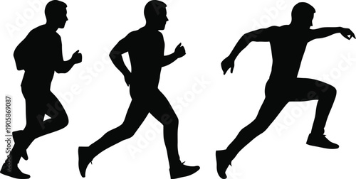 Three black silhouettes of men running in different poses