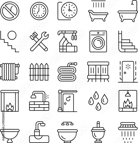 Bathroom plumbing icon set, line art bathroom symbols and fixtures, shower, bathtub, sink, toilet, radiator, laundry, minimalist outline vector pack