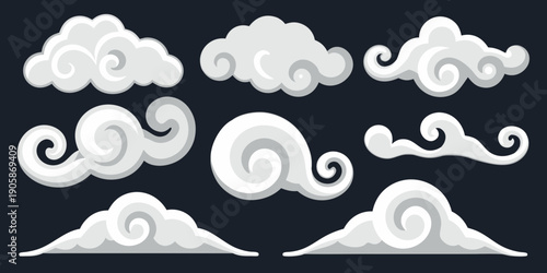 Stylized white cloud formations against a dark background