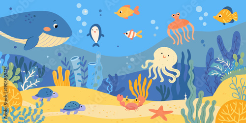 Colorful cartoon illustration of various sea creatures in a blue ocean