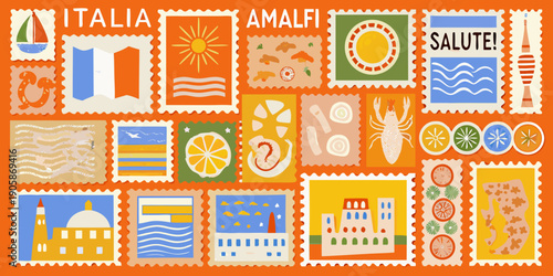 A vibrant collage of colorful postage stamps representing Italy and Amalfi