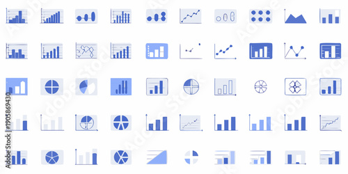 Collection of blue data visualization icons and charts on a white background