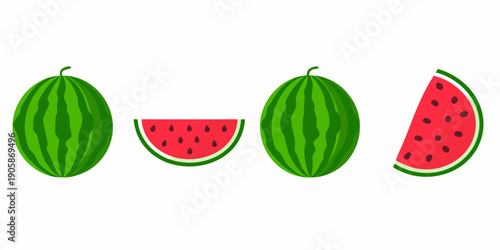 Illustrations of whole and sliced watermelons in a row