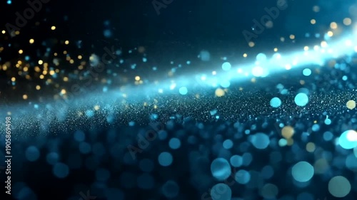 Swirling blue and gold particles create a luminous, cosmic effect