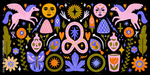 Whimsical illustration featuring celestial bodies mythical creatures and botanical elements