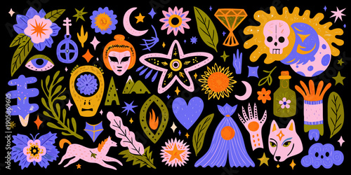 Mystical illustration featuring celestial bodies floral designs and symbolic objects