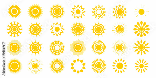 Collection of vibrant yellow sun icons and starburst shapes on a white background