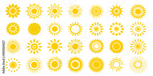 Collection of vibrant yellow sun icons and starburst shapes on white