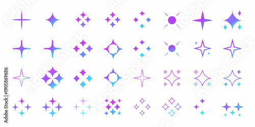 Collection of sparkling stylized star and glitter elements in shades of blue and purple