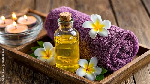 A spa tray holds a bottle of oil, rolled towel, lit candles, and tropical flowers