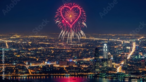 City skyline at night with heart shape fireworks display celebration