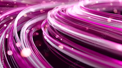 Swirling magenta and white strands with blurred bokeh lights creating a dynamic abstract background