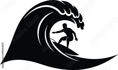 Black silhouette of a male surfer riding a massive ocean wave isolated on white background for extreme summer sports and surfing