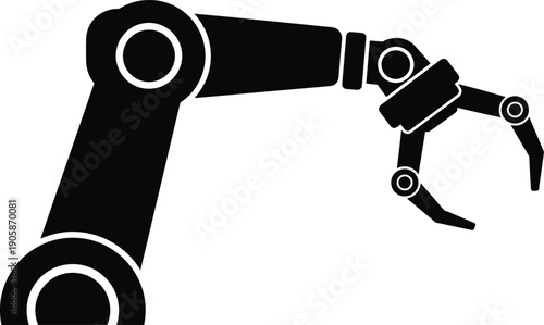 Black silhouette of industrial robotic arm with claw isolated on white background for manufacturing automation technology factory and mechanical engineering design