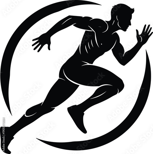Black silhouette of a powerful male athlete sprinting in a dynamic circle frame isolated on white background for sports fitness and motivation