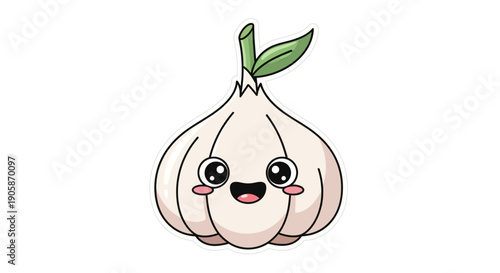 Cute cartoon garlic character with green leaves