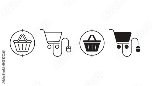 Shopping cart and basket icons in line style with crosshairs