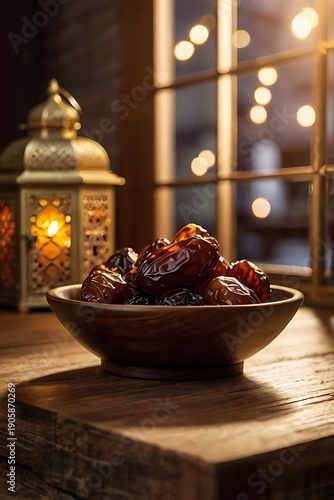 premium dates fruit, ramadan dates, luxury dates photography, ramadan lantern decor, islamic holy month food, iftar dates concept, middle eastern dessert, wooden table food scene, traditional ramadan 