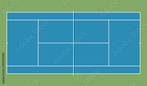 Top view of hard court tennis court with white boundary lines on blue surface and green surrounding area
