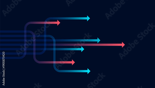 Abstract arrow flow lines on dark blue background with glowing gradient colors