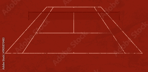 Perspective view of a red clay tennis court with worn white lines and central net, textured surface style, ideal for sports backgrounds
