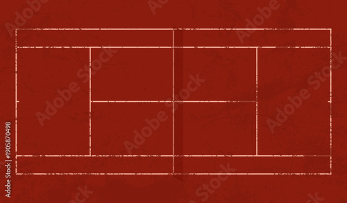 Top view of clay court tennis court with white boundary lines on red clay surface. Textured sports court background with worn details suitable for tennis concept