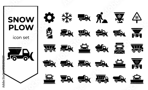 Snow Plow Curved-Blade Salt-Spreader Plow-Truck Winter-Maintenance Snow-Removal North-Plow Salt-Truck Vector Icon Set - Plow Truck