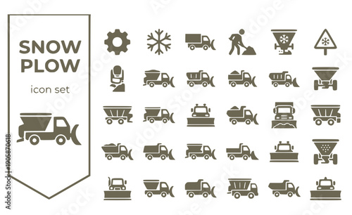 Snow Plow Curved-Blade Salt-Spreader Plow-Truck Winter-Maintenance Snow-Removal North-Plow Salt-Truck Vector Icon Set - Plow Truck
