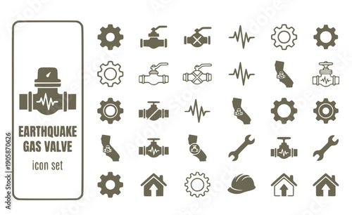 Earthquake Gas Valve Automatic-Shutoff Seismic-Valve Gas-Shutoff California-Valve Earthquake-Safety Safety-Valve Pipe-Valve Vector Icon Set - Seismic Shutoff