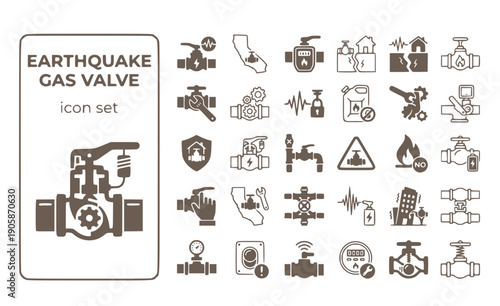 Earthquake Gas Valve Automatic-Shutoff Seismic-Valve Gas-Shutoff California-Valve Earthquake-Safety Safety-Valve Pipe-Valve Vector Icon Set - Seismic Shutoff