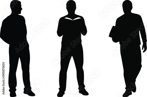 Three black silhouettes of men in different poses on a white background