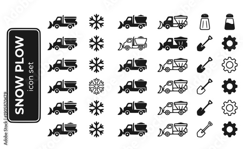 Snow Plow Curved-Blade Salt-Spreader Plow-Truck Winter-Maintenance Snow-Removal North-Plow Salt-Truck Vector Icon Set - Plow Truck