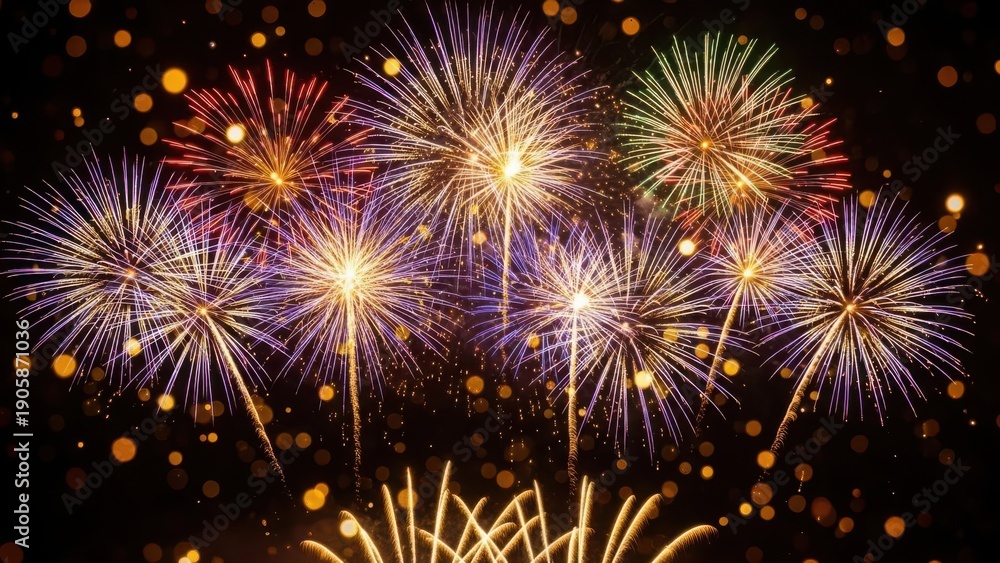 Fototapeta premium A vibrant display of colorful fireworks illuminates a dark night sky