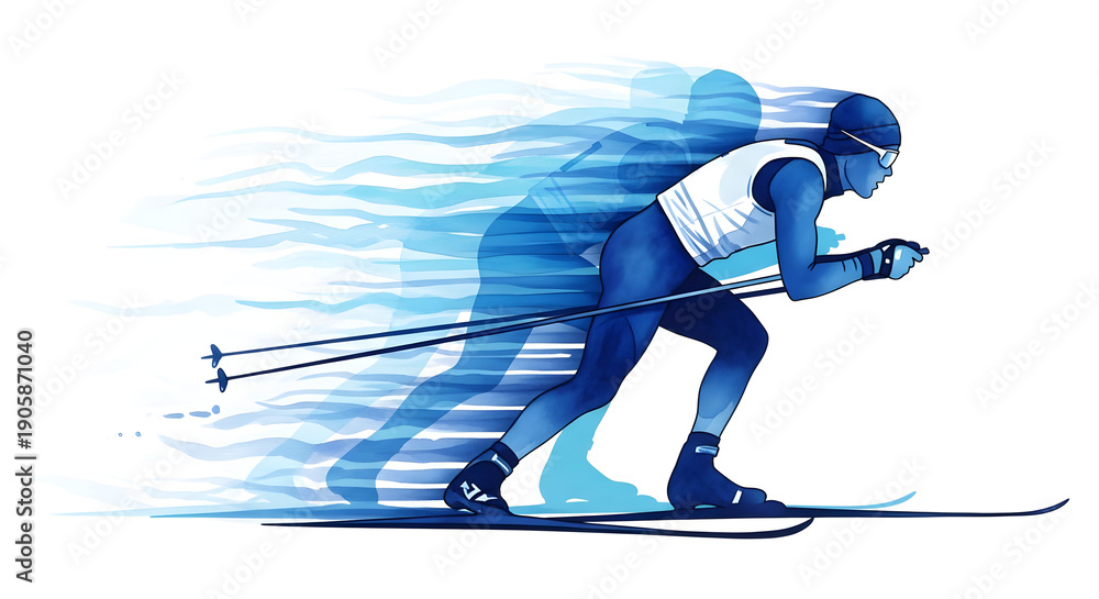 Obraz premium Athlete skiing rapidly in blue motion graphics design 