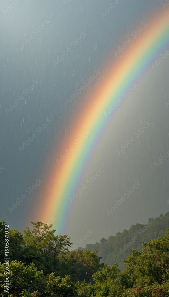 Fototapeta premium Captivating rainbow after rainstorm in mountain valley nature photography serene environment vibrant view
