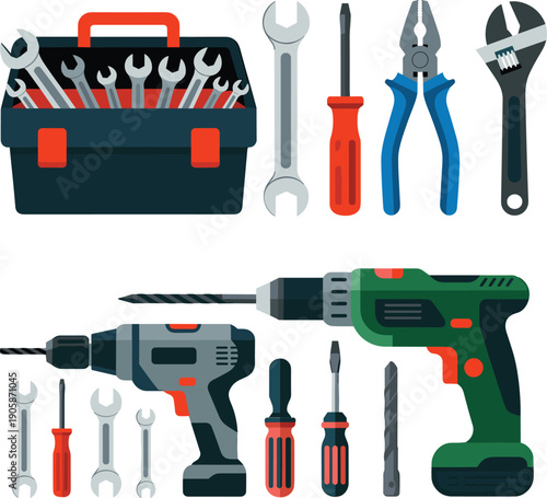 Toolbox,with,cordless,drill,and,hand,tools,for,workshop,repair,wrench,screwdriver,pliers,set,for,DIY,construction,maintenance,gear,projects