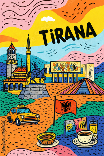 Tirana landmarks with Skanderbeg Square, clock tower and pyramid illustrated