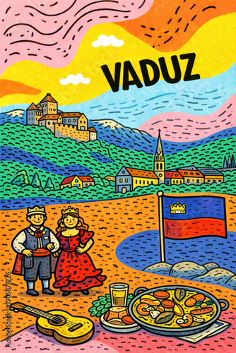 Scenic Vaduz view with castle, village and Liechtenstein flag illustrated