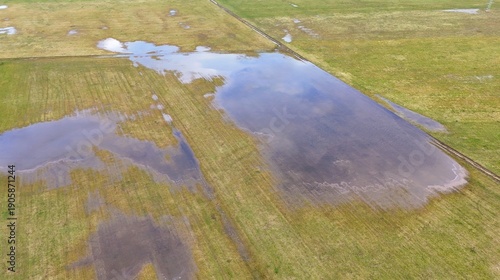 Aerial View of Flooded Agricultural Field with Standing Water