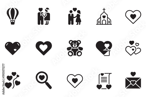 Wedding and love icon pack showcasing romantic couple hearts church teddy bear and mail envelope symbols