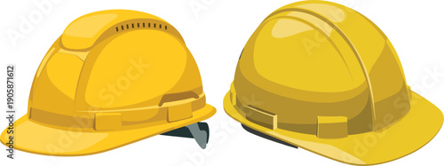 Yellow construction hard hats, safety helmets on white background, industrial protective gear, worker equipment, sturdy head protection, durable construction accessory