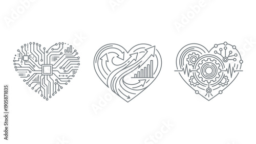 Heart shaped technology icons with circuit board and gear designs