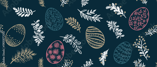 Seamless easter eggs pattern on blue