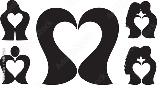 Love and affection concept with heart silhouettes and couples