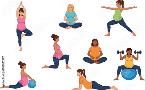 Pregnant women exercising yoga and lifting weights in various poses exercise fitness pregnancy