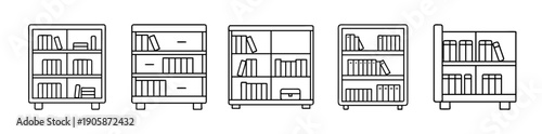 Set of line art vector icons for bookshelves filled with books