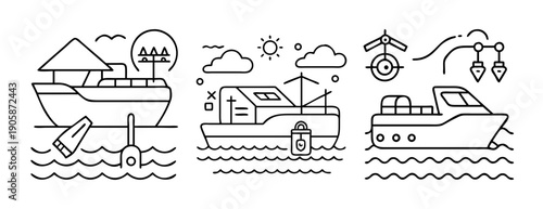 Maritime boat and vessel icons with water, sun, and clouds