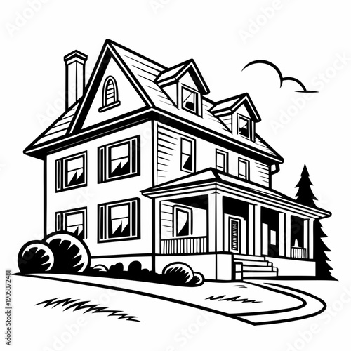 A black and white drawing of a large house Vector