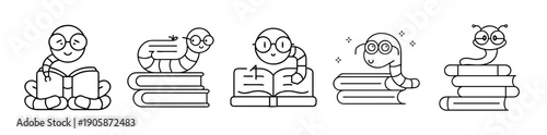 Adorable bookworm characters reading, learning, and studying